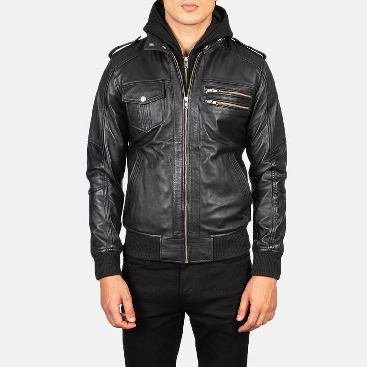 Bravado Black Hooded Leather Bomber Jacket