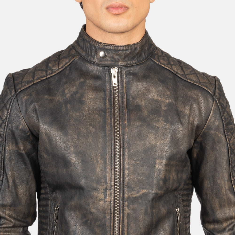 Fernando Quilted Distressed Brown Leather Biker Jacket
