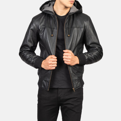 Nintenzo Black Hooded Leather Bomber Jacket