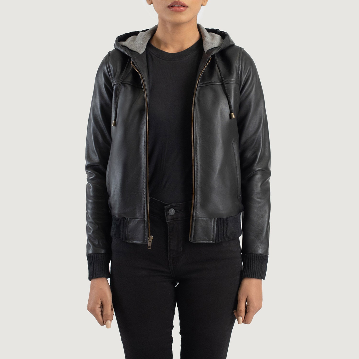 Rebella Black Hooded Leather Bomber Jacket