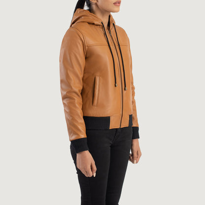 Rebella Brown Hooded Leather Bomber Jacket