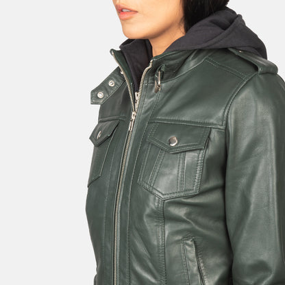 Roslyn Green Hooded Leather Bomber Jacket