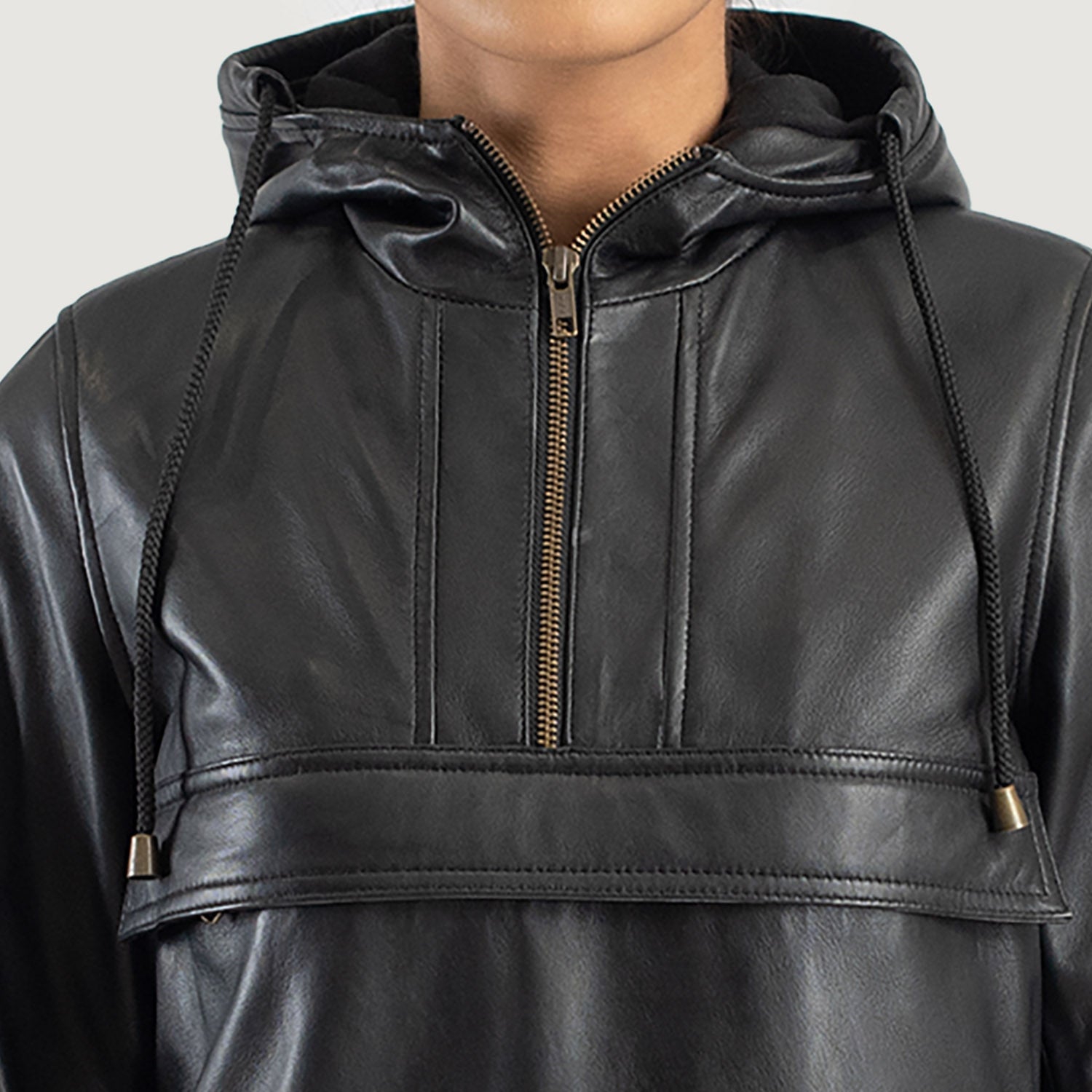 Zest Black Hooded Leather Pullover Jacket