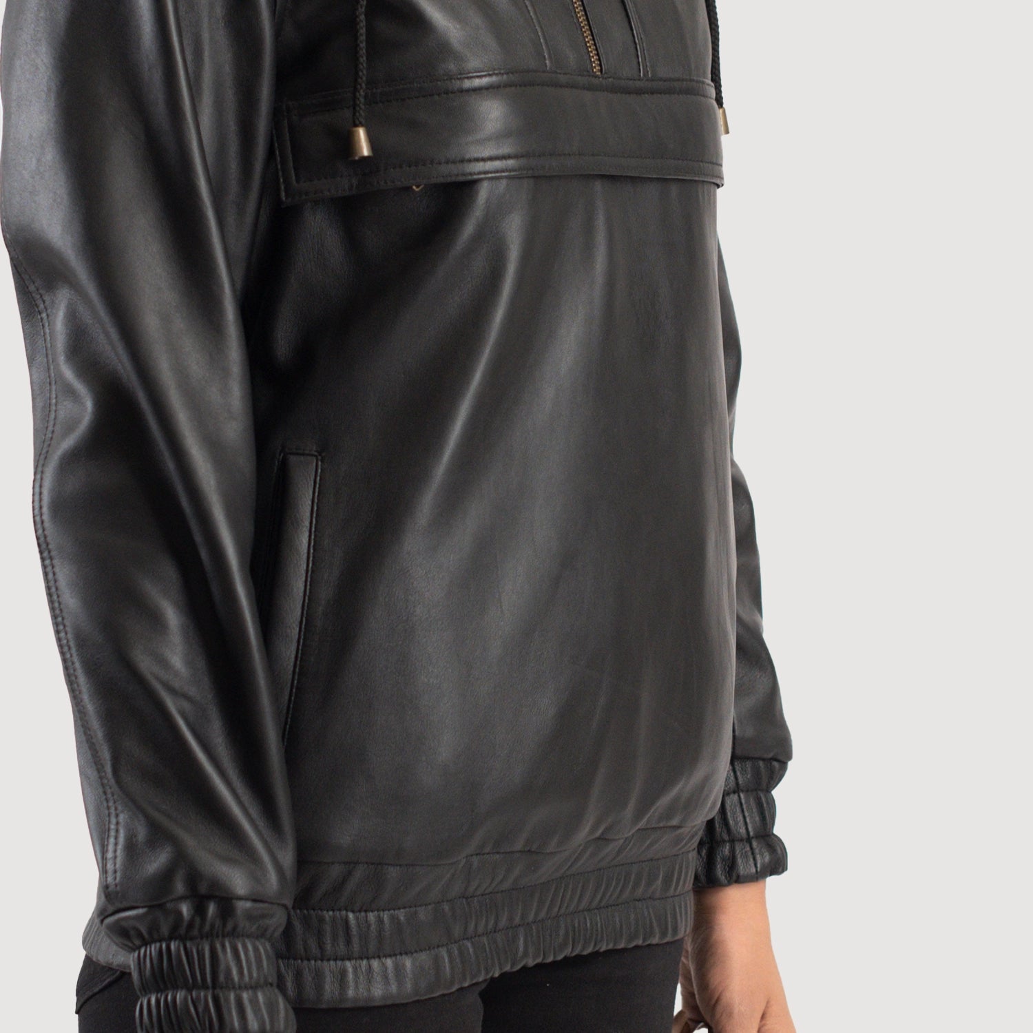 Zest Black Hooded Leather Pullover Jacket
