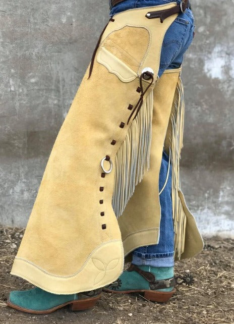 Unisex Suede Leather Beige Fringes Chap Cowboy Horse Riding Chap Ranch Wear Legging