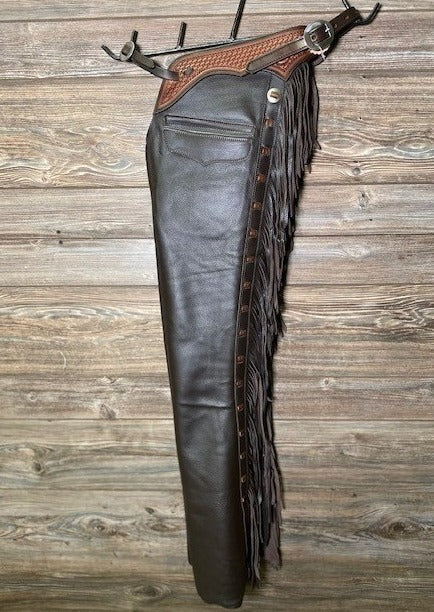 Black Leather Tooling Fringes Chap Western Chap Cowboy Horse Riding Chinks Chaps
