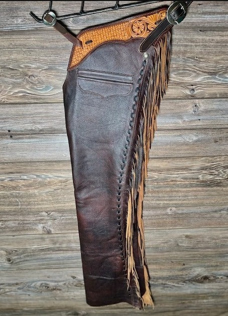 Horse Riding Pants Distress Brown Leather Fringes Chap Western Chap Cowboy Rodeo Chinks Chaps