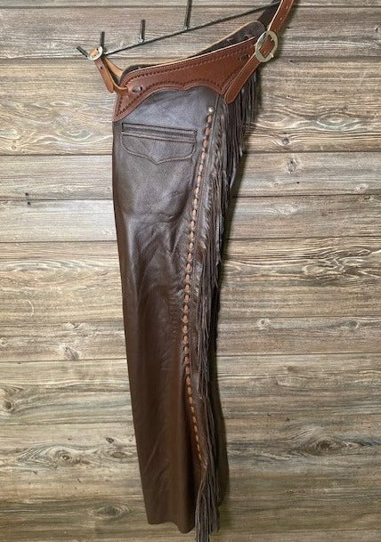 Horse Riding Dark Brown Leather Chap Cowboy Fringes Chinks Chap Ranch Wear Legging