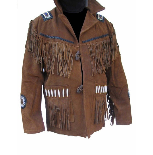 Handmade Suede Dark Brown Braided Beads Mens Western Jacket