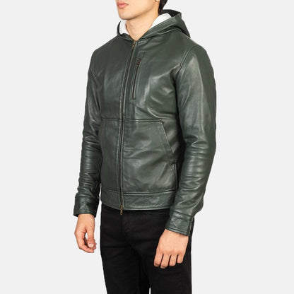 Baston Green Hooded Leather Bomber Jacket