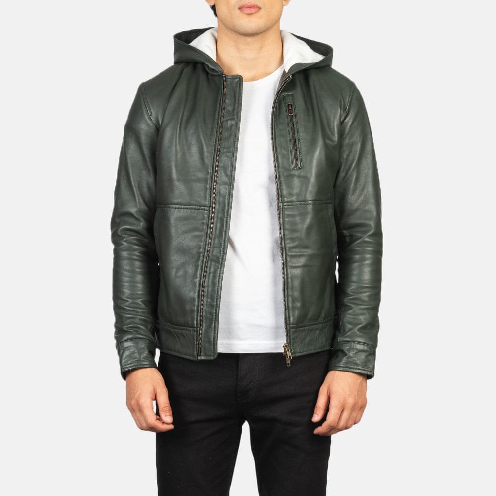 Baston Green Hooded Leather Bomber Jacket