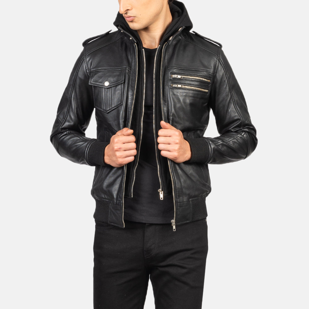 Bravado Black Hooded Leather Bomber Jacket 