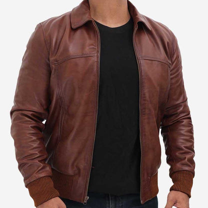 Brown Leather Bomber Jacket