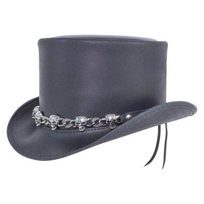 Mens Leather Top Hat 5 Skull Chain Band Hat