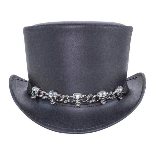 Mens Leather Top Hat 5 Skull Chain Band Hat