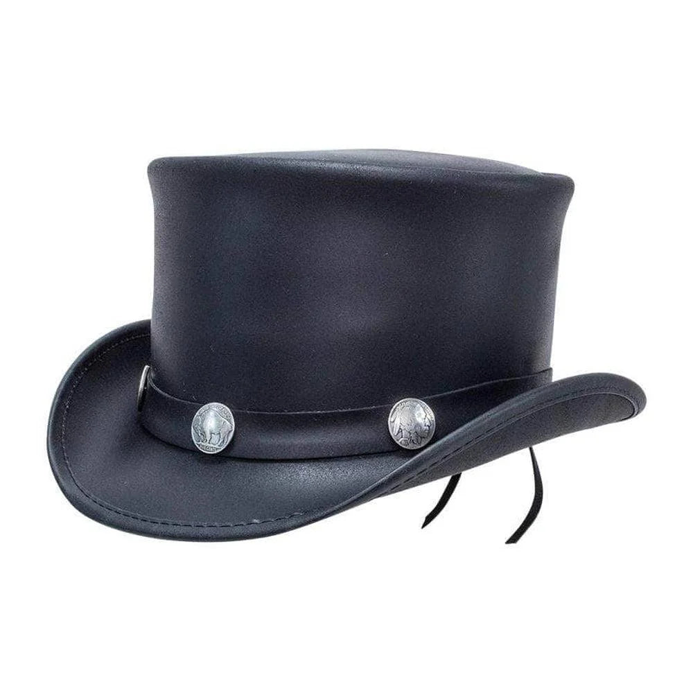 Mens Leather Top Hat with Buffalo Nickel Hat Band Top Hat