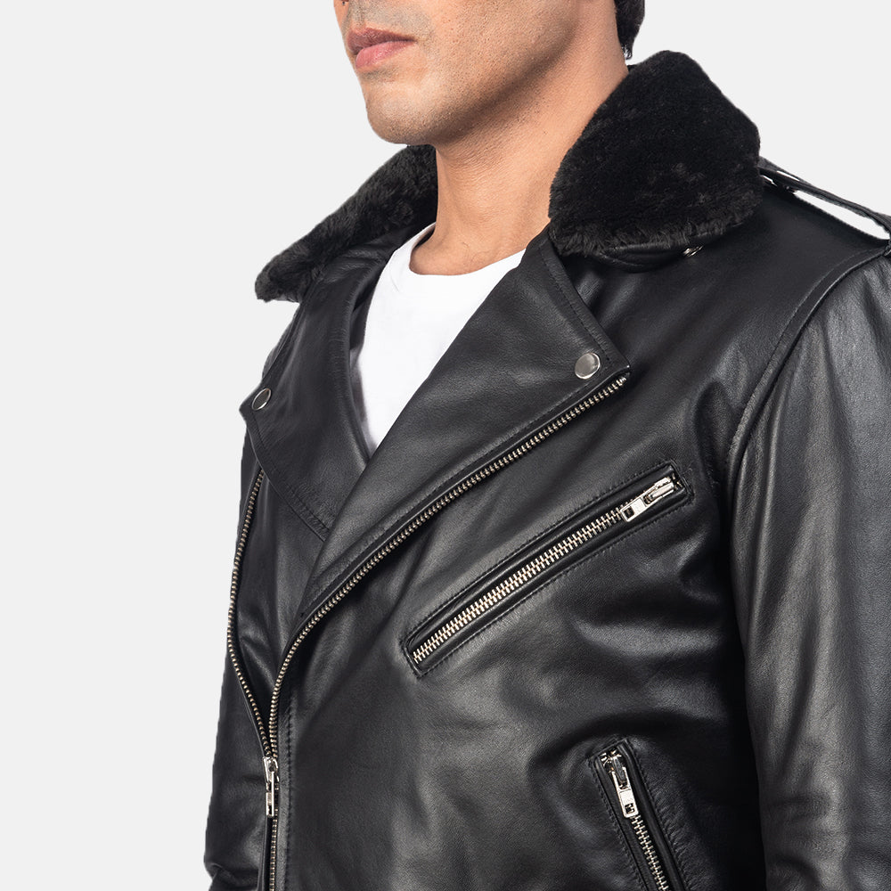 Furton Black Leather Biker Jacket
