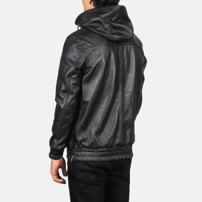 Kenton Hooded Black Leather Pullover Jacket