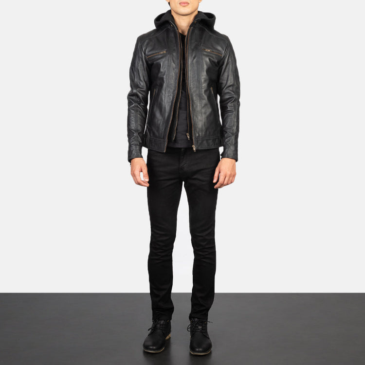 Hector Black Hooded Leather Biker Jacket