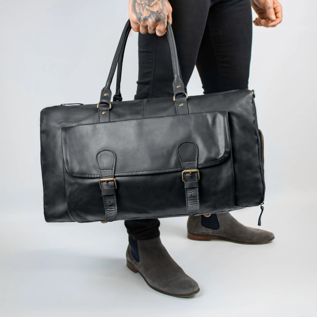 Personalized Black Leather Travelling Bag