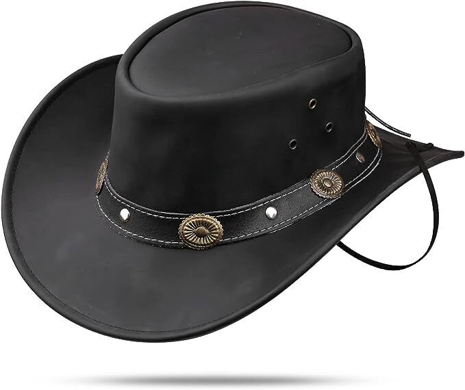 Men's Black Genuine Leather Cowboy Western Hat