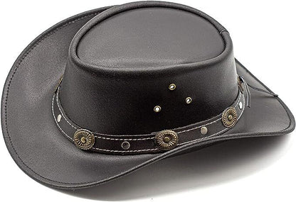 Men's Black Genuine Leather Cowboy Western Hat