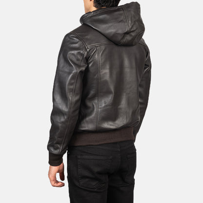Nintenzo Brown Hooded Leather Bomber Jacket