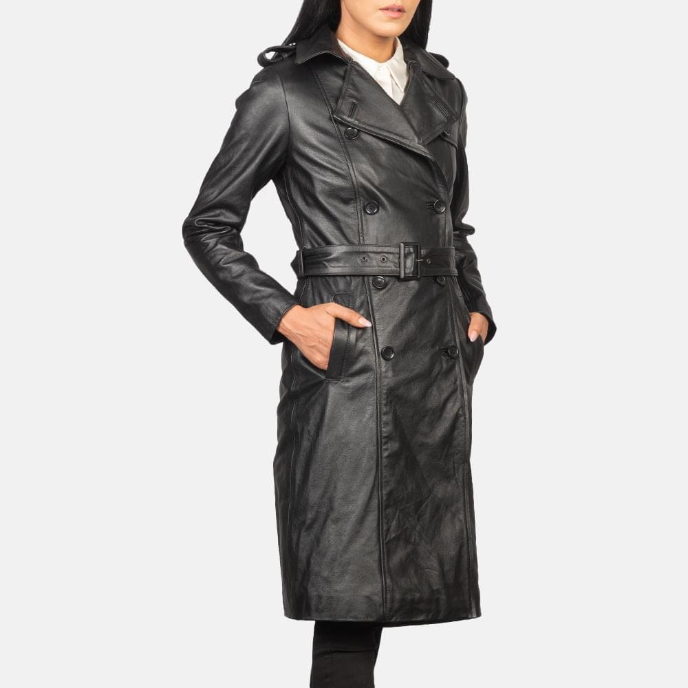 Alice Black Double Breasted Leather Coat