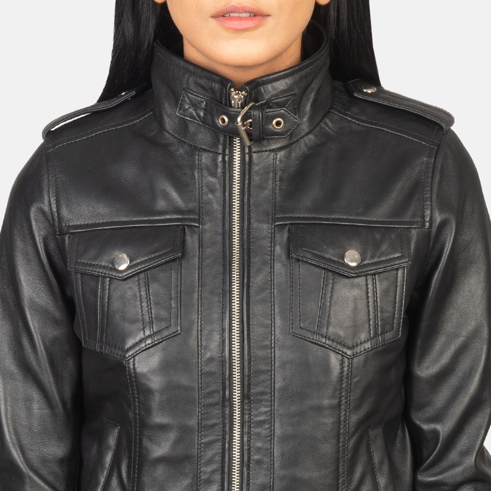 Roslyn Black Hooded Leather Bomber Jacket
