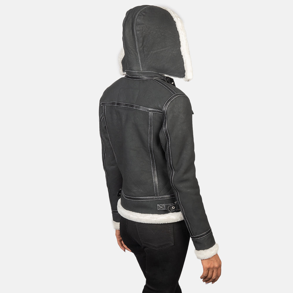 Fiona Black Hooded Shearling Leather Jacket