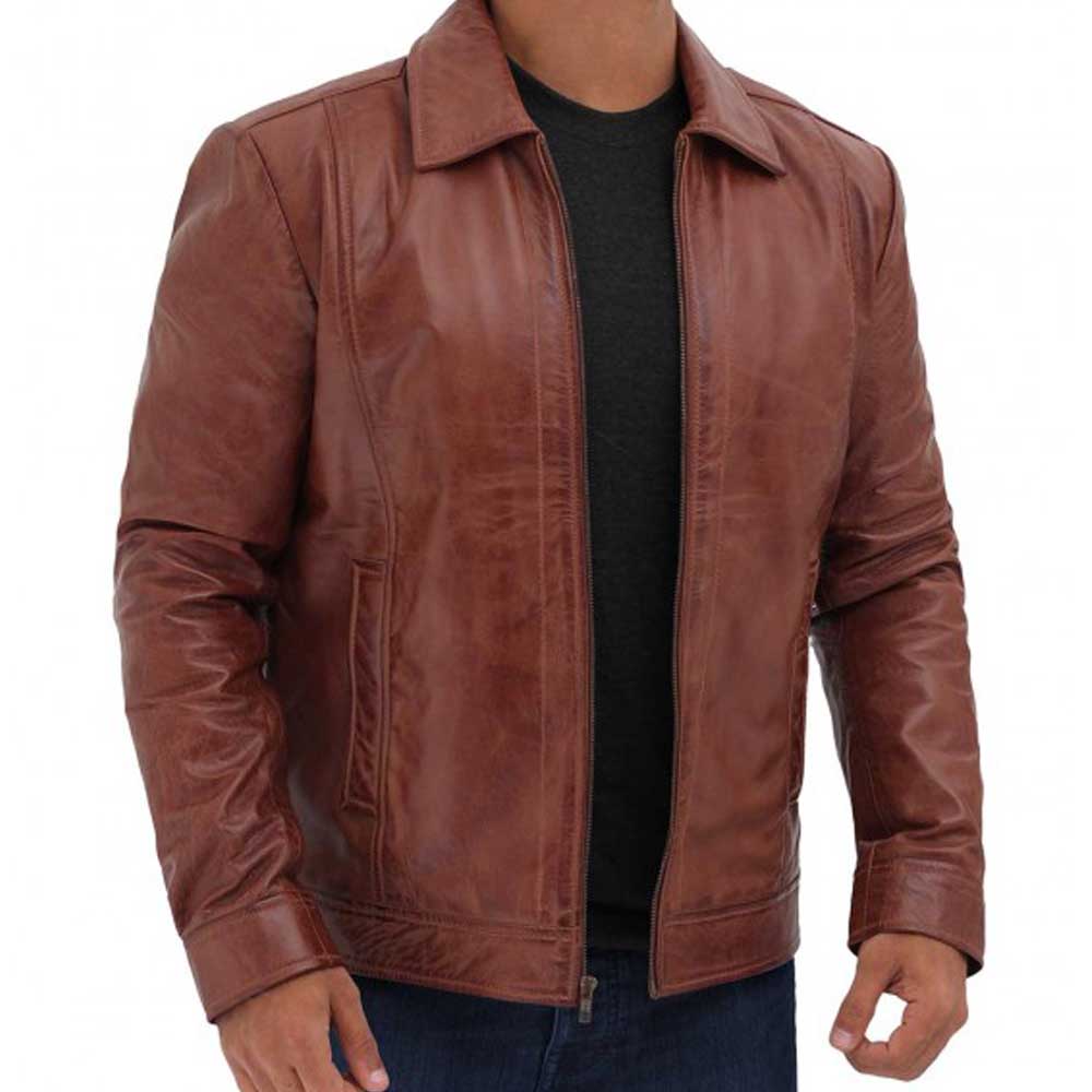 Collar Brown Leather Jacket