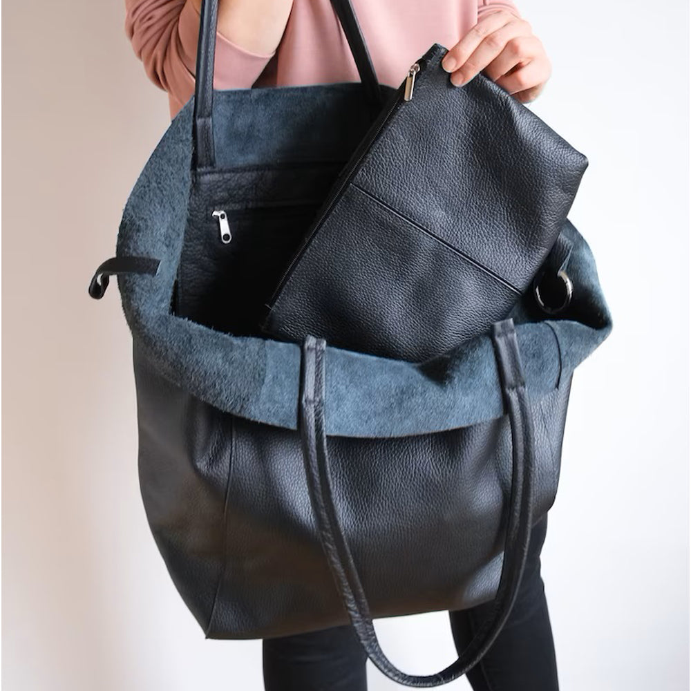 Large Black Leather Tote Bag