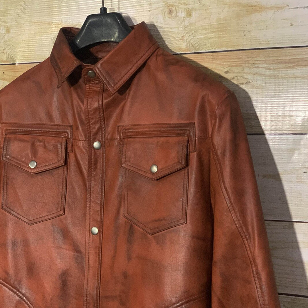 Men Real Wax Brown Leather Shirt