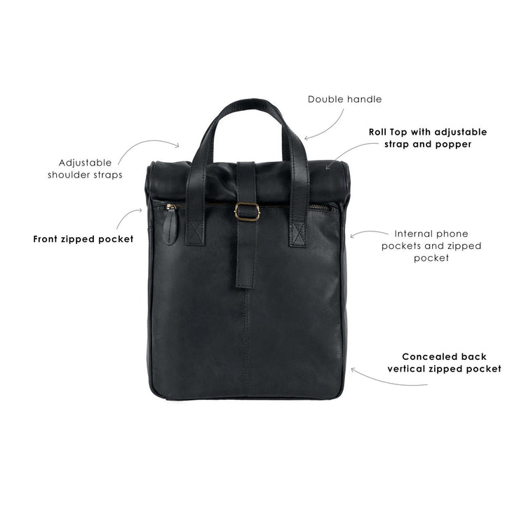 Roll Top Black Leather Bag