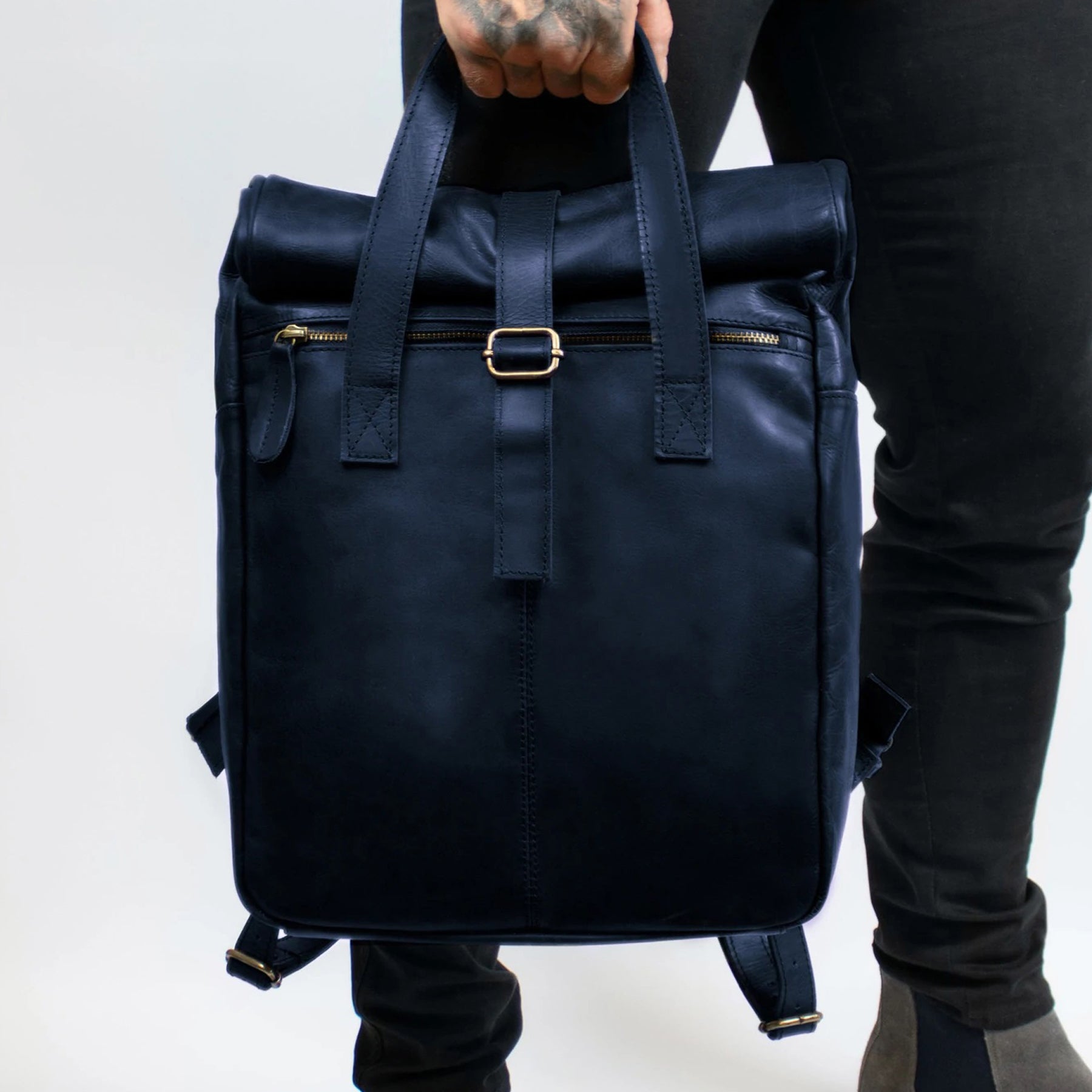 Roll Top Dark Blue Leather Backpack