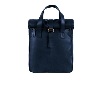 Roll Top Dark Blue Leather Backpack